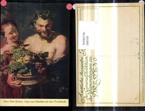 268145,Künstler Ak Peter Paul Rubens Satyr u. Mädchen m. d. Fruchtkorbe Früchte Obst Weintrauben Äpfel 
