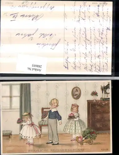 288693,Künstler AK Pauli Ebner Neujahr Kinder Kleid Blumen Kuchen pub Munk Wien 1168