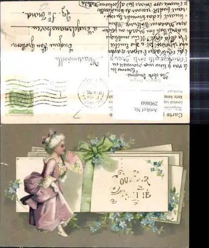 290860,Präge Litho Frau Fächer Kleid Haarschleife Briefkuverts m. Schleife gebunden Vergissmeinnicht Blumen 