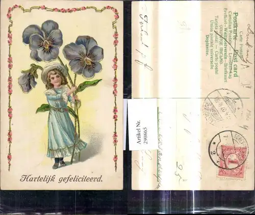 290865,Präge Litho Mädchen m. Riesenblume Blume Rosenranke Hartelijk gefeliciteerd Goldverzierung 