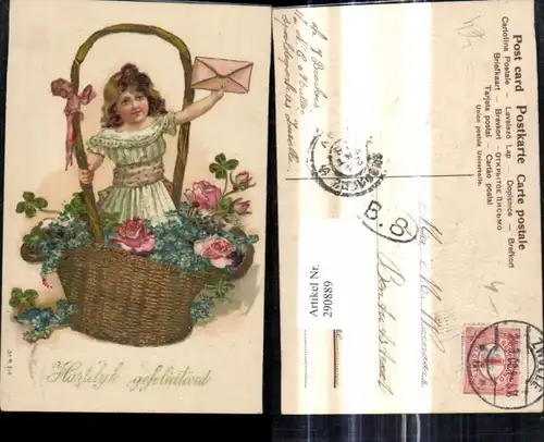 290889,Präge Litho Mädchen i. Korb Kuvert Brief i. Hand Blumen Rosen Vergissmeinnicht Hartelijk Gefeliciteerd 