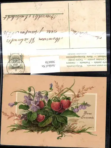 300470,Präge Ak Früchte Erdbeeren Erdbeerpflanze Veilchen Blumen Obst Doux Souvenir Passepartout 
