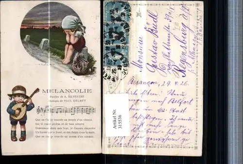 315536,Künstler AK A. Bertiglia Melancolie Mädchen weint Kopftuch Junge m. Hut Mandoline Lied