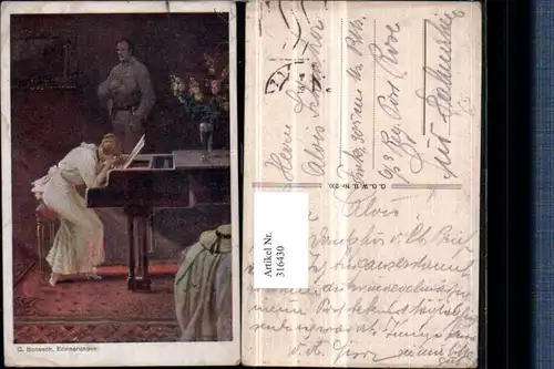 316430,Künstler AK C. Benesch Erinnerungen Frau m. Kleid weint Klavier Soldat