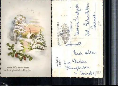 323144,Künstler AK Weihnachten Winterlandschaft Haus Bach Tannenzweig Zapfen
