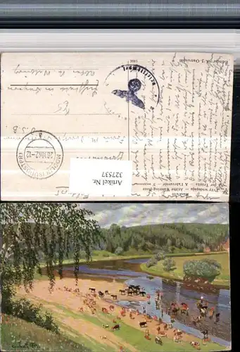 327537,Künstler AK Moskwin An der Tränke Rinder Kühe Fluss Landschaft