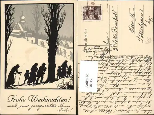 383451,Künstler AK Josefine Allmayer Scherenschnitt Silhouette Weihnachten Kirchengang