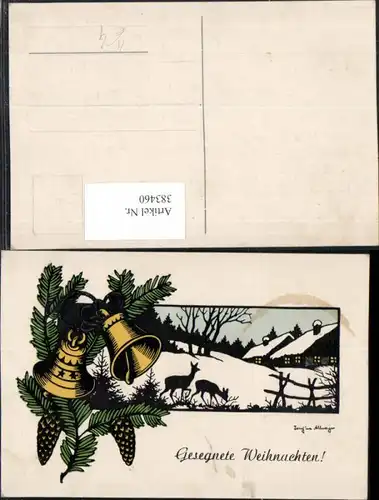 383460,Künstler AK Josefine Allmayer Scherenschnitt Silhouette Weihnachten Winterlandschaft Glocke