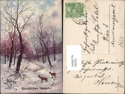 384741,Künstler AK L. Schweiger Neujahr Winterlandschaft Wald Haus Rehe
