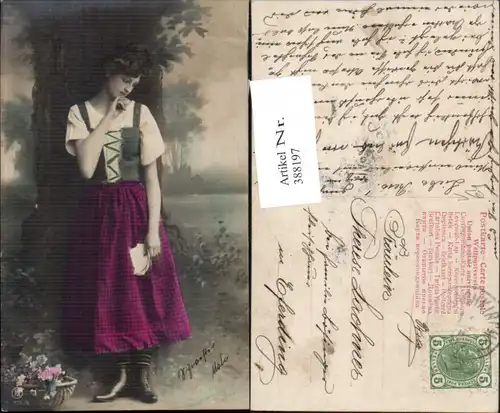 388197,Frau Tracht Miederkleid Lesen Brief b. Baum stehend Korb Blumen pub RPH S 916/6