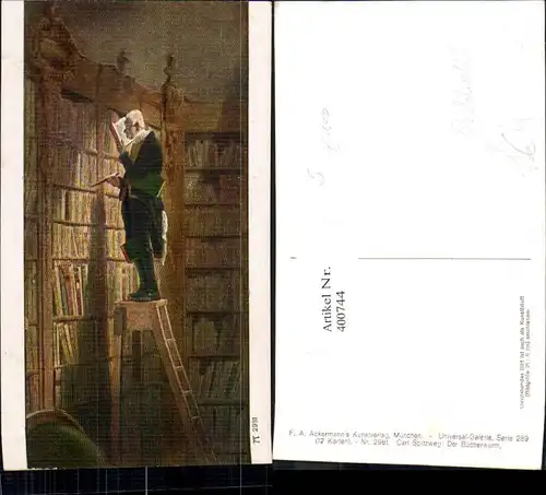 400744,Künstler Ak Karl Spitzweg Der Bücherwurm Bibliothek Lesen pub F. A. Ackermann 289/2981