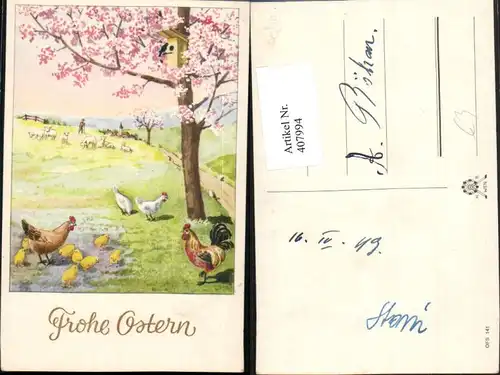 407994,Künstler AK Ostern Landschaft Hühner Küken Schafe Baumblüte