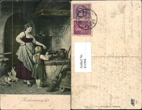 411994,Künstler Ak R. Epp Kochunterricht Frau Mädchen a. Herd Feuerstelle Kochen Heimarbeit Hausarbeit