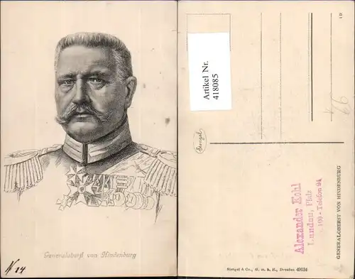 418085,Generaloberst v. Hindenburg Portrait Adel Monarchie Deutschland pub Stengel Co 49134