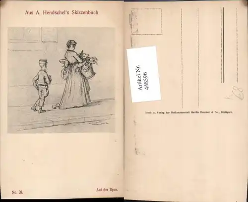 448596,Künstler AK A. Hendschel Skizze Auf der Spur Frau m. Kleid Körbe Junge Uniform