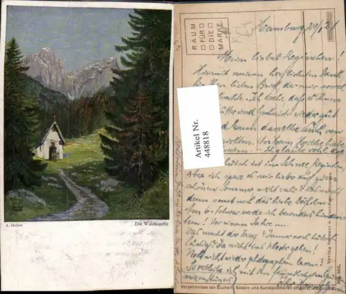 448818,Künstler AK A. Holzer Die Waldkapelle Bergkulisse