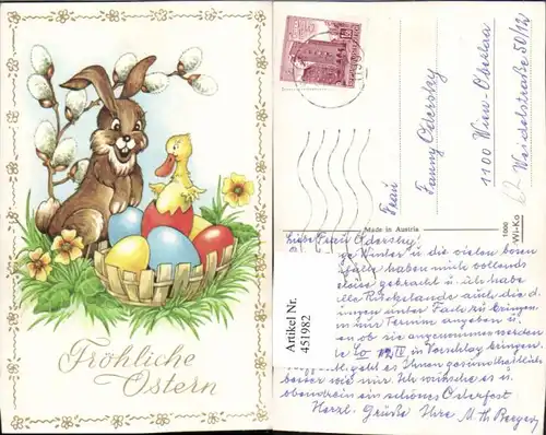 451982,Künstler AK Ostern Osterhase Hase Ostereier Küken Ente Palmkätzchen