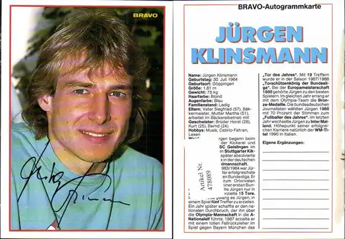 478089,Sportler Jürgen Klinsmann Bravo-Autogrammkarte Fußball