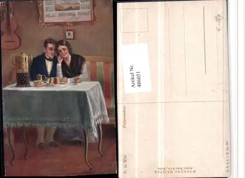 486051,Künstler AK R. De Witt Flitterwochen Liebe Paar Tisch Kuchen Gitarre
