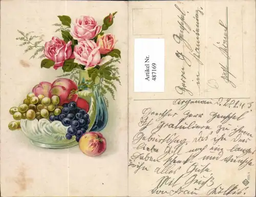 487169,Künstler Ak Vase m. Rosa Rosen Schale m. Obst Weintrauben Pfirsiche Blumen