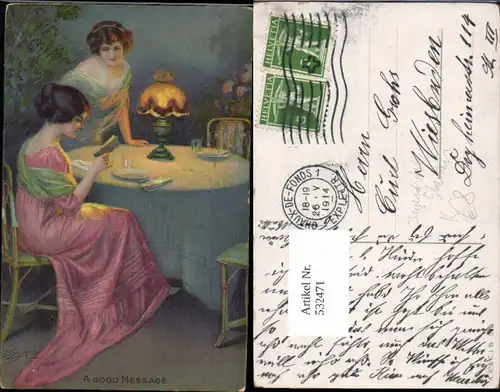 532471,Künstler AK Delphin Enjolras Glamour Jugendstil Lampe Tischlampe Lesen Brief