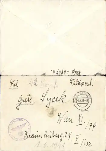 536790,Brief Feldpost 1941 WW2 Tarnstempel n. Wien 11 Dienststelle 08947 A