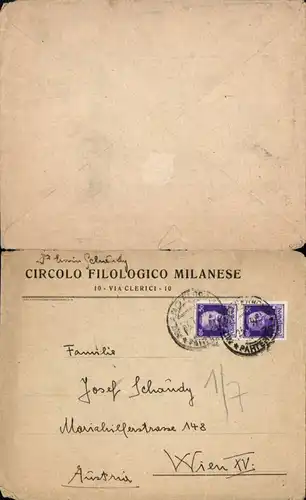 536793,Brief 1930 Milan Milanese n. Wien 15 Rudolfsheim Fünfhaus