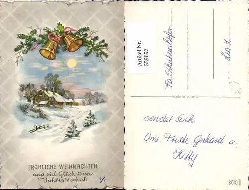 559697,Künstler Ak Weihnachten Haus Winterlandschaft Glocken Tannenzweig Schleife
