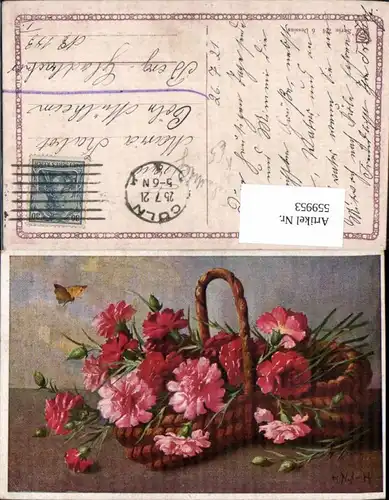 559953,Künstler Ak H. Nigl Korb m. Rosa Roten Nelken Schmetterling Blumen