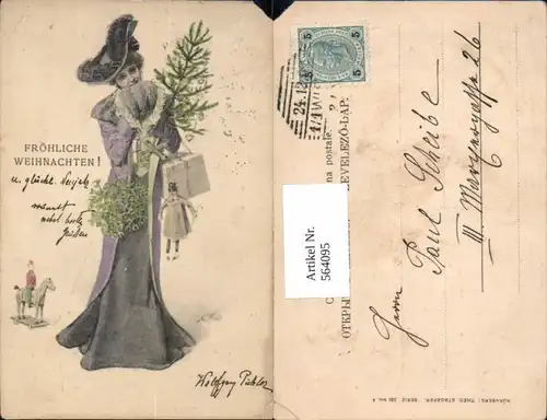 564095,tolle Künstler AK Jugendstil Th. Zasche Frau Puppe Weihnachten Kleid Schaukelpferd