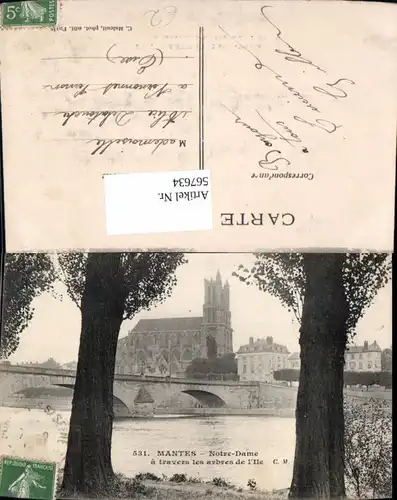 567634,Mantes Notre-Dame a travers les arbres de Ille Brücke