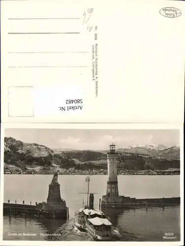 580482,Foto Ak Leuchtturm Lindau Bodensee Hafenausfahrt Löwendenkmal Schiff Dampfer