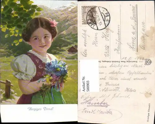 580903,Künstler Ak Herziges Dirndl Mädchen Kind i. Tracht Blumenstrauß Haarschleife