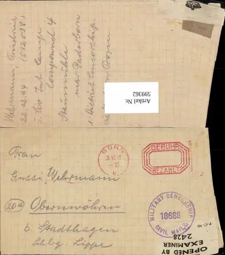 599362,Kriegsgefangenenpost POW Bonn 5. Civilian Internment Camp Obernwöhren Stadthagen Hannover