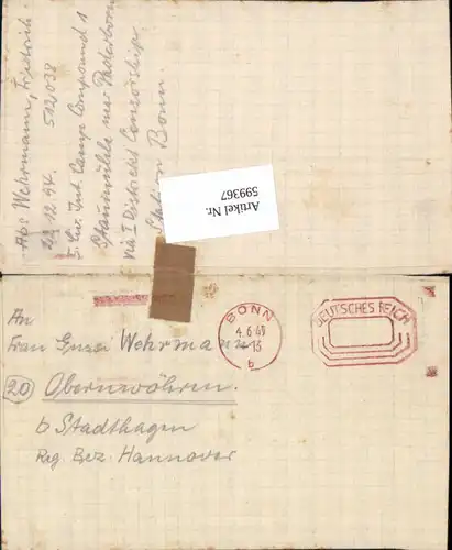 599367,Kriegsgefangenenpost POW Bonn 5. Civilian Internment Camp Obernwöhren Stadthagen Hannover