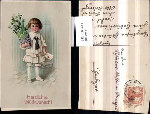 2007952,Künstler AK Glückwunsch Kind m. Brief Blumenstock Blumen