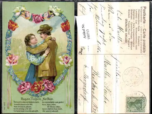 180713,Liebe Präge Litho Rosen Tulpen Nelken Spruch Blumenherz Paar Umarmung 