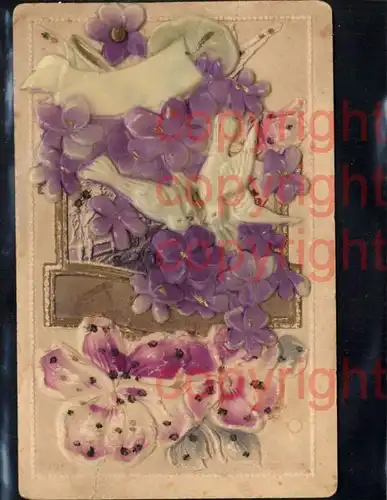 465380,Material Ak Taube Handgemacht Relief aufgeklebt Blumen