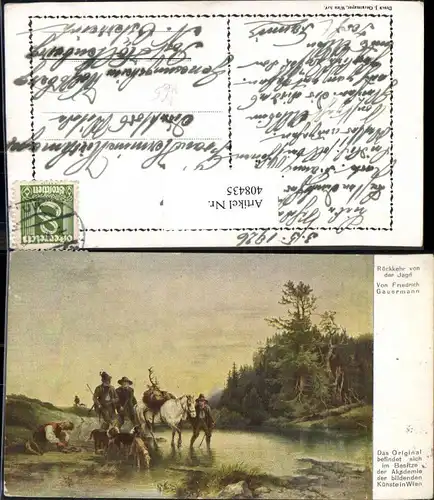 408435,Künstler Ak Friedrich Gauermann Rückkehr v. d. Jagd Jäger m. Hirsch a. Pferd Hunde