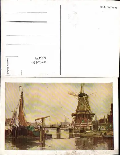 600479,Künstler Ak Windmühle Segelboot Brücke