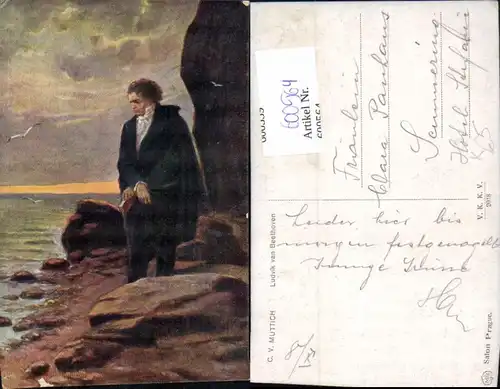 600564,Künstler Ak C. V. Muttich Ludwig v. Beethoven Komponist Ufer Küste stehend