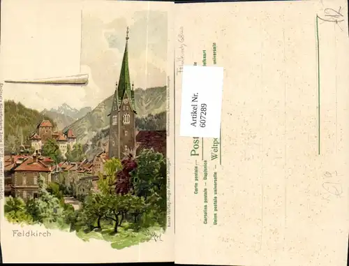 607289,Künstler Litho Strützel Feldkirch Ansicht m. Kirche