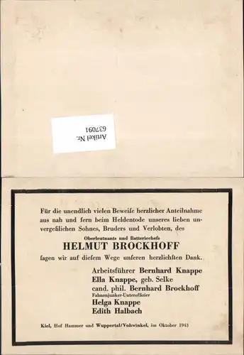 WK 2 Oberleutnant Helmut Brockhoff Sterbebild Kiel Hof Hammer Wuppertal Vohwinkel 1943
