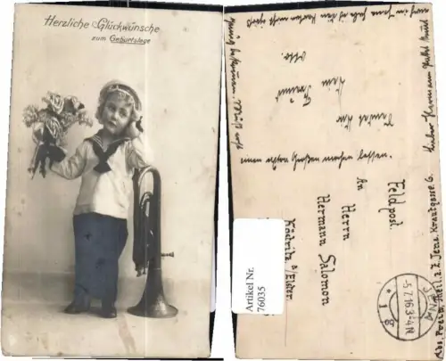 76035,Junge Matrosen Uniform Trompete Posaune Blumen Seemann