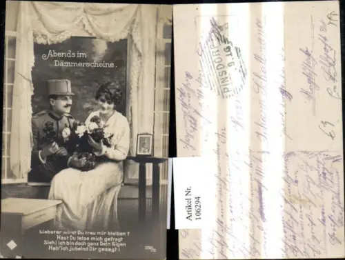 106294,WW 1 Paar Soldat a. Fenster Abends i. Dämmerscheine Spruch Text
