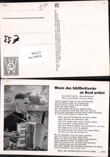 127928,Liedkarte Wehrmacht Wenn das Schiffklavier an Bord ertönt Seemann Matrose Marine Ziehharmonika