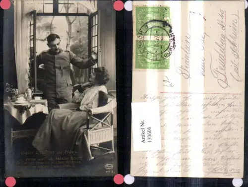 130606,WW1 Uniform Soldat m. Frau b. Fenster Kaffeetisch Beim Liebchen zu Hause Spruch Text