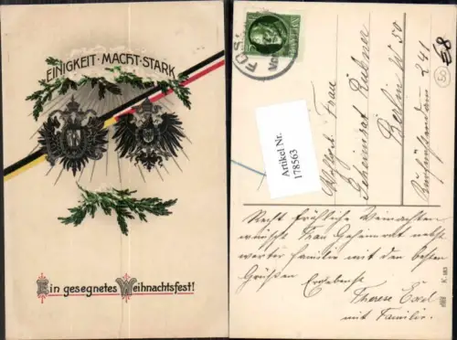 178563,Präge Patriotik Propaganda Wappen AK Einigkeit macht Stark Adler Deutschland Fahne Kriegsweihnachten