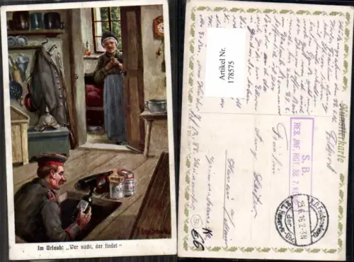 178575,Künstler AK F. Otto Schulze Im Urlaub wer suchet der findet Wein Soldat