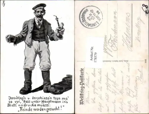 178579,Künstler AK Soldat zerlumpt mit Pfeiffe Stiefel Spruch pub Franz Josef Huber München